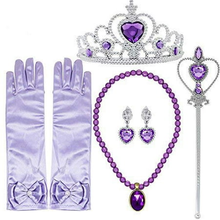 Princess Dress up Accessories 5 Pieces Gift Set for Sofia Crown Scepter Necklace Earrings Gloves