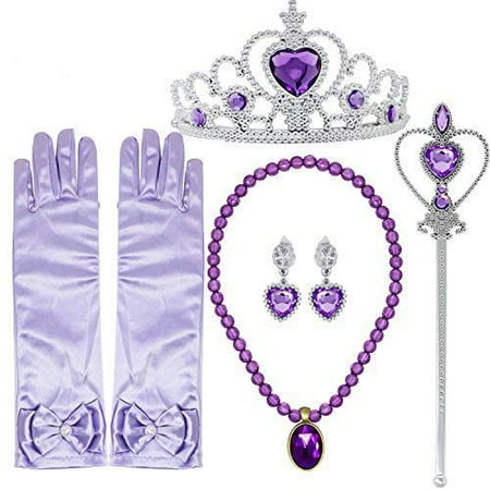 Princess Sofia Crown Princess Dress up Accessories 5 Pieces Gift Set for Sofia Crown Scepter Necklace Earrings Gloves ()