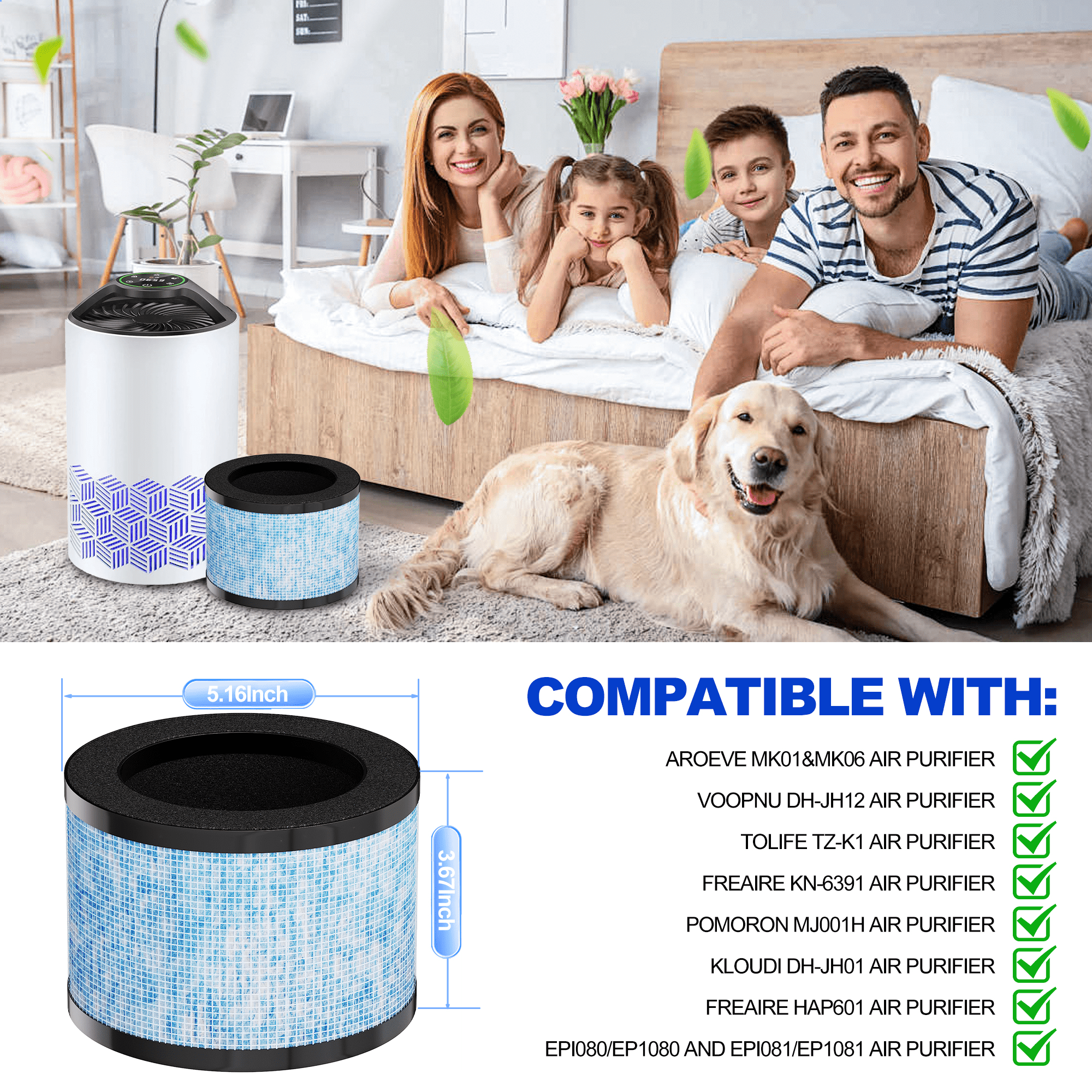 DH-JH01 & DH-JH06 Air Purifier Filter Replacement for AROEVE MK01 & MK06, ToLife TZ-K1, VOOPNU DH-JH12 Air Purifier, H13 True HEPA Activated Carbon Filter, 4 pack