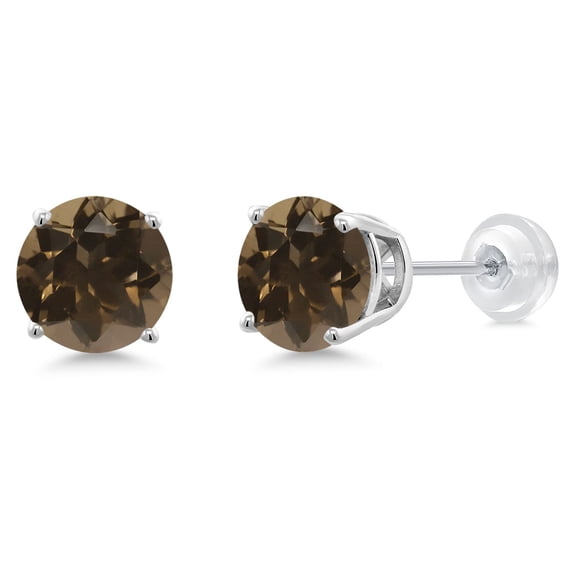 Gem Stone King 3.60 Ct Round 8mm Brown Smoky Quartz 14K White Gold Stud Earrings for Women Men with Comfort Back