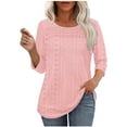 thumbnail image 2 of Olyvenn Womens Tops 3/4 Sleeve Blouses Dressy Casual Fall Sold Color Outfits Front Pleated Tee Eyelets Curved Hem Tunic Tops Pink L, 2 of 9