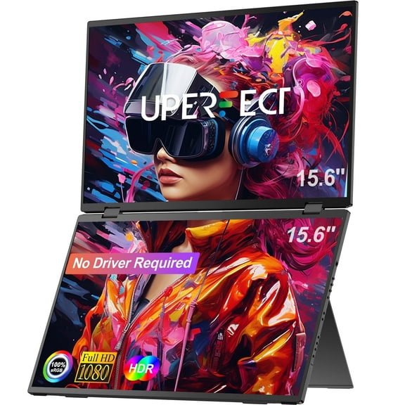 UPERFECT  Folding Monitor - Dual 15.6" 1080P 60HZ Portable Monitor Bult-in Stand VESA (Driver Free)
