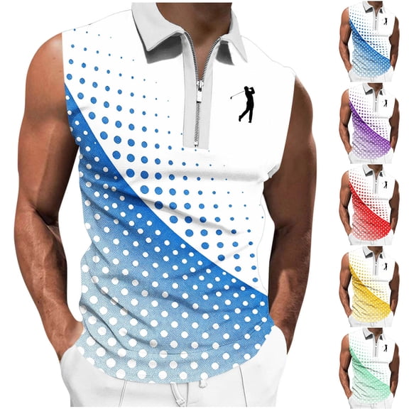 Nmnitkp Men's Zip Collar Sleeveless Golf Shirt, Gradient Polka Dot Breathable Athletic Tank Top for Golf, Fitness & Summer Casual Wear Blue,S