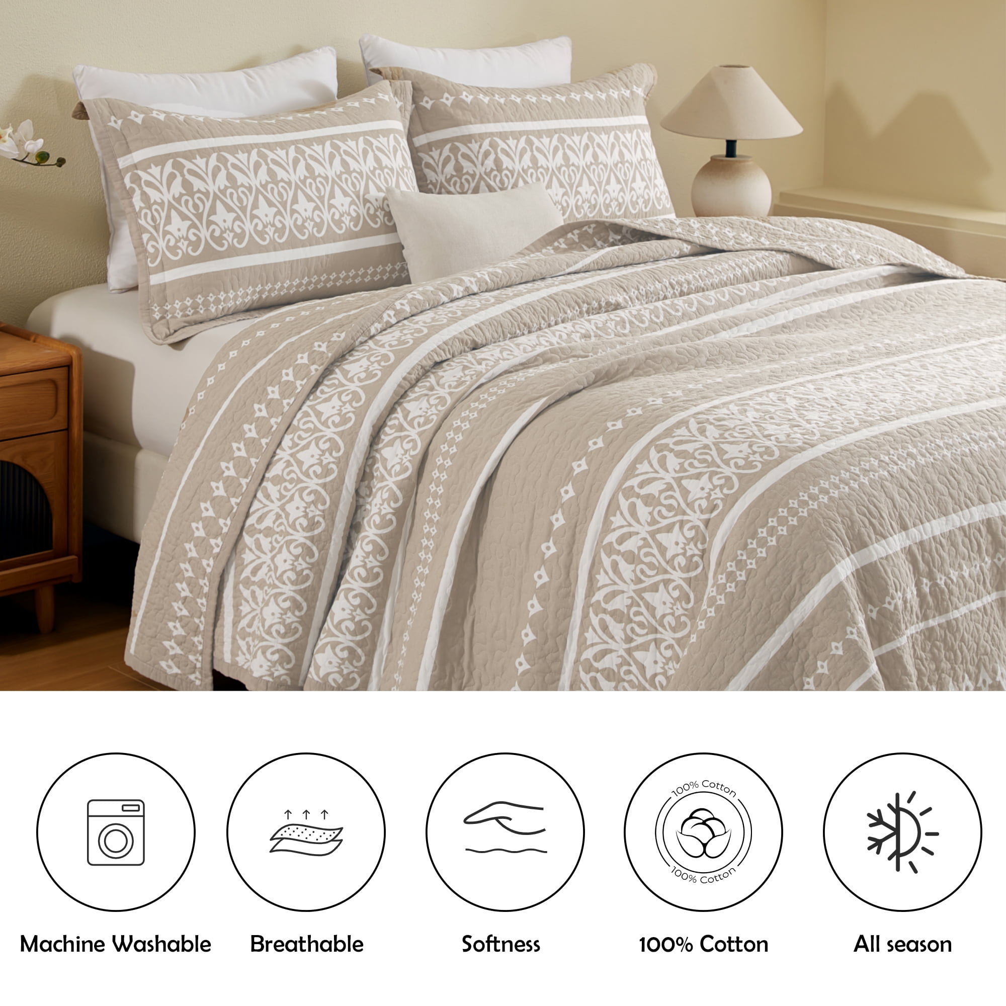 BCOTTOND Boho Quilt Set Queen 3-Piece, 100% Cotton Farmhouse Bedding, Warm Tan & Taupe Bohemian Pattern, All-Season Lightweight Coverlets