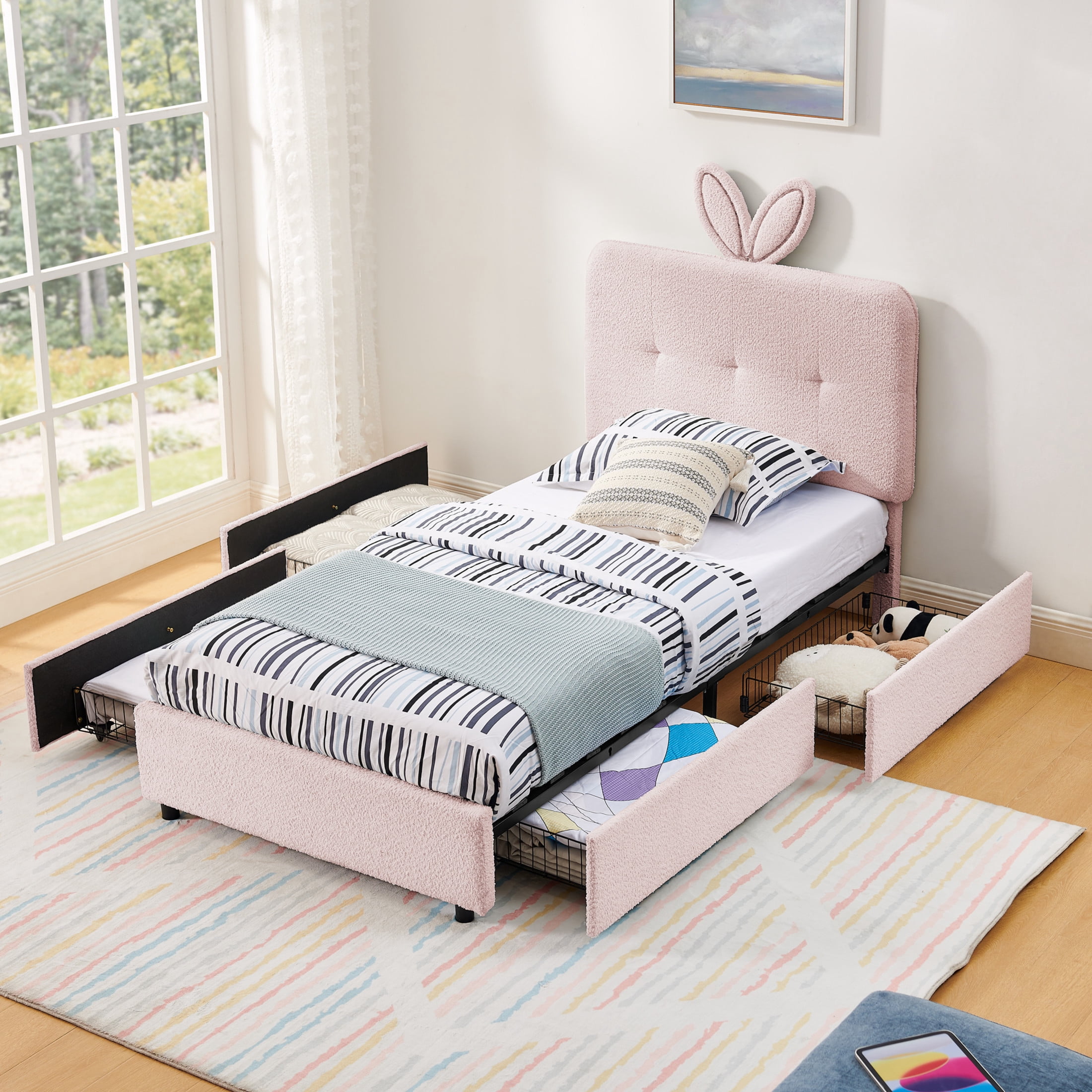 Noble House Bertis Twin Size Boucle Kids Bed, Rabbit Ear Headboard Bed Frame with LED Light and Storage Drawers, Pink