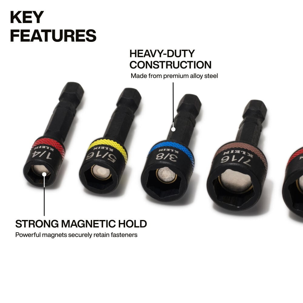 Klein Tools Magnetic 2 Inch Shaft Power Nut Setters 5 Pieces