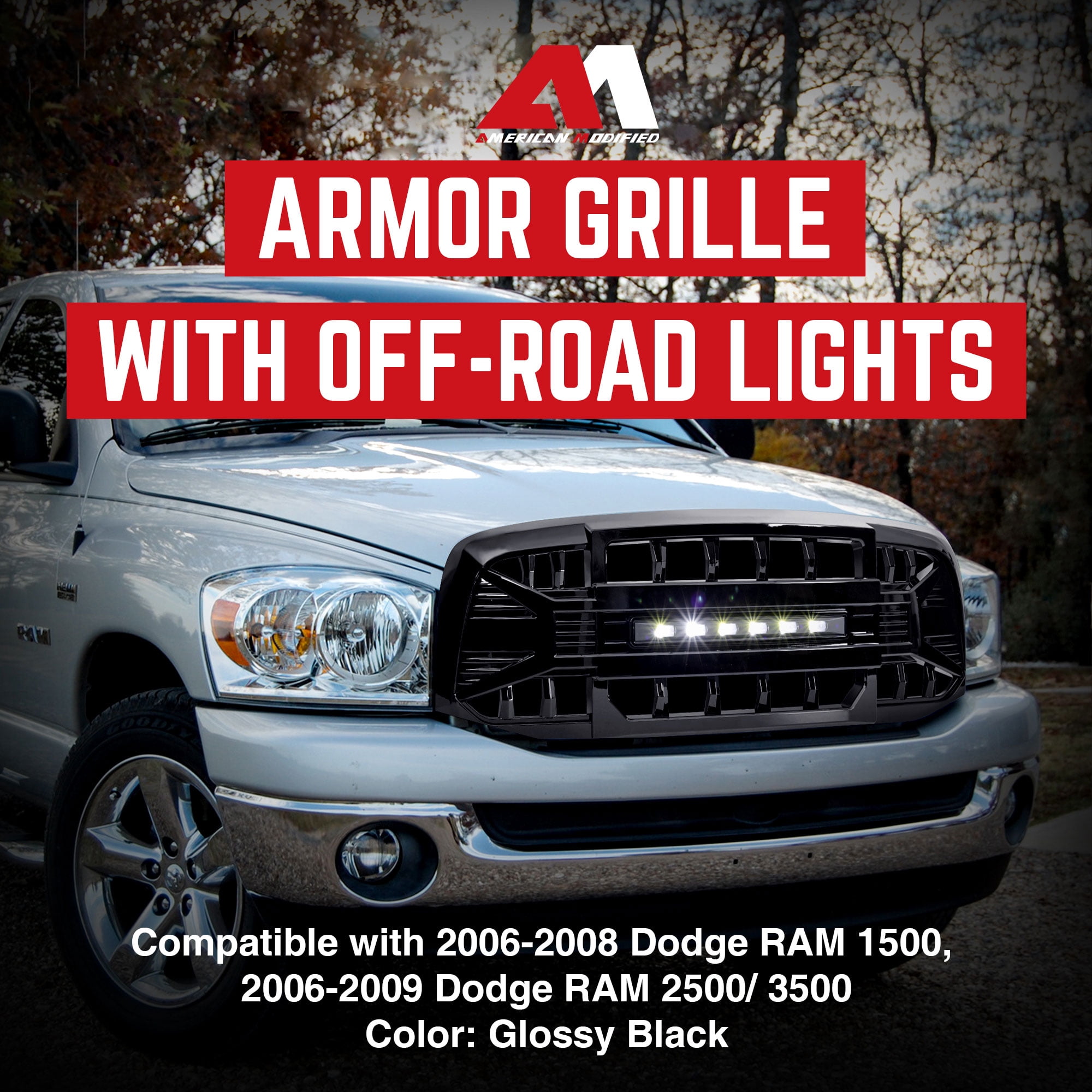 AMERICAN MODIFIED Armor Grille for 2006-2008 Dodge Ram 1500, Glossy Black