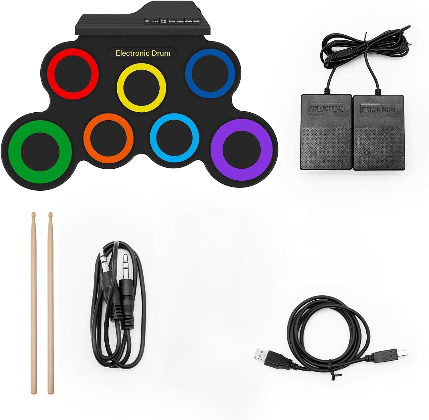 Portable Electronic Drum Set - 7 Pads Roll up Drum Practice Pad with Pedals & Stick, Jack in Drum Set Kit for Kids and Adults, Great Holiday Christmas & Birthday Gift