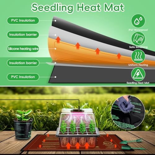 Seed Starter Tray with Grow Light, 5 Pack Seed Starter Kit with Heat Mat, Seed Tray with Timing Controller Adjustable Brightness and Humidity Domes Heightened Lids, Black