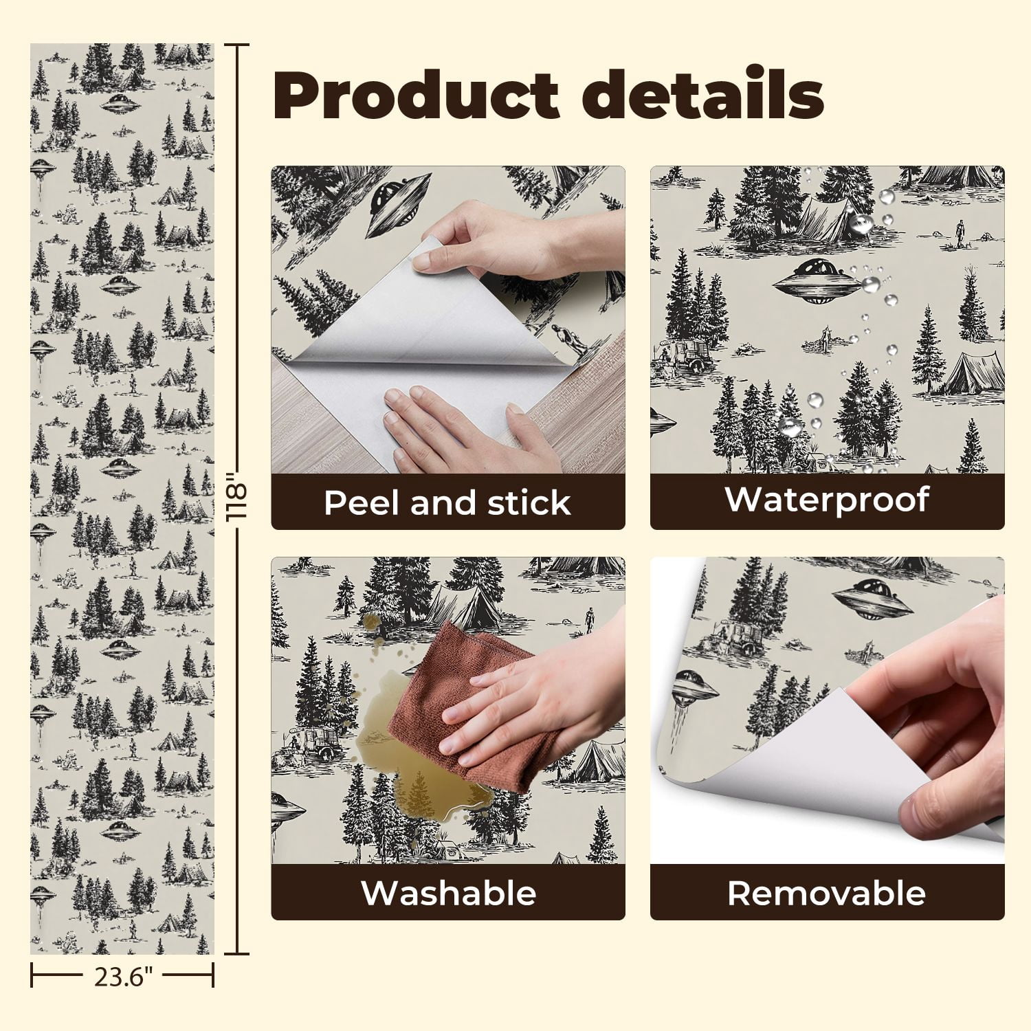 Peel and Stick Wallpaper Encounter Forest Tents Camping Scene Wall Mural 23.6in x 9.8ft Self Adhesive Removable Wall Paper Renter Friendly Wallpaper for Nursery Bedroom Cabinets