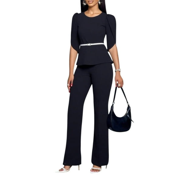 Women’s 2 Piece Outfit Set – Solid Color Belted Top with Wide Leg Pants Casual Elegant Matching Suit
