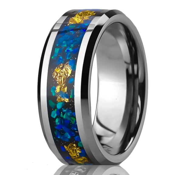 8mm Wide Flat Beveled Tungsten Carbide Ring with Blue Opal and Gold Leaf Inlay Unisex Wedding Band