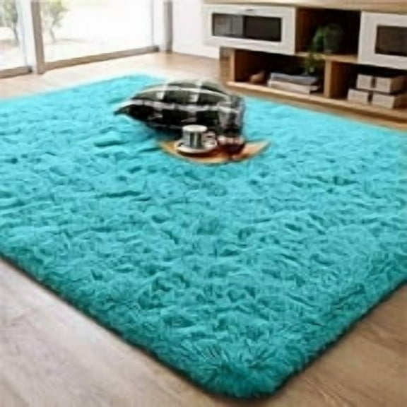 Ompaa Modern Plush Shaggy Soft Fluffy Teal Blue Area Rug, 4x6 Feet