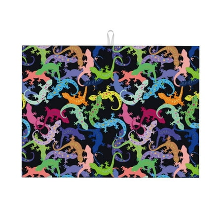

Large Dish Drying Mats for Kitchen Counter - Cute Gecko Lizard Green Colorful 18x24In Anti-Slip Absorbent Microfiber Drying Mat for Kitchen Counter Mat Dish Rack Mat with Hanging Loop