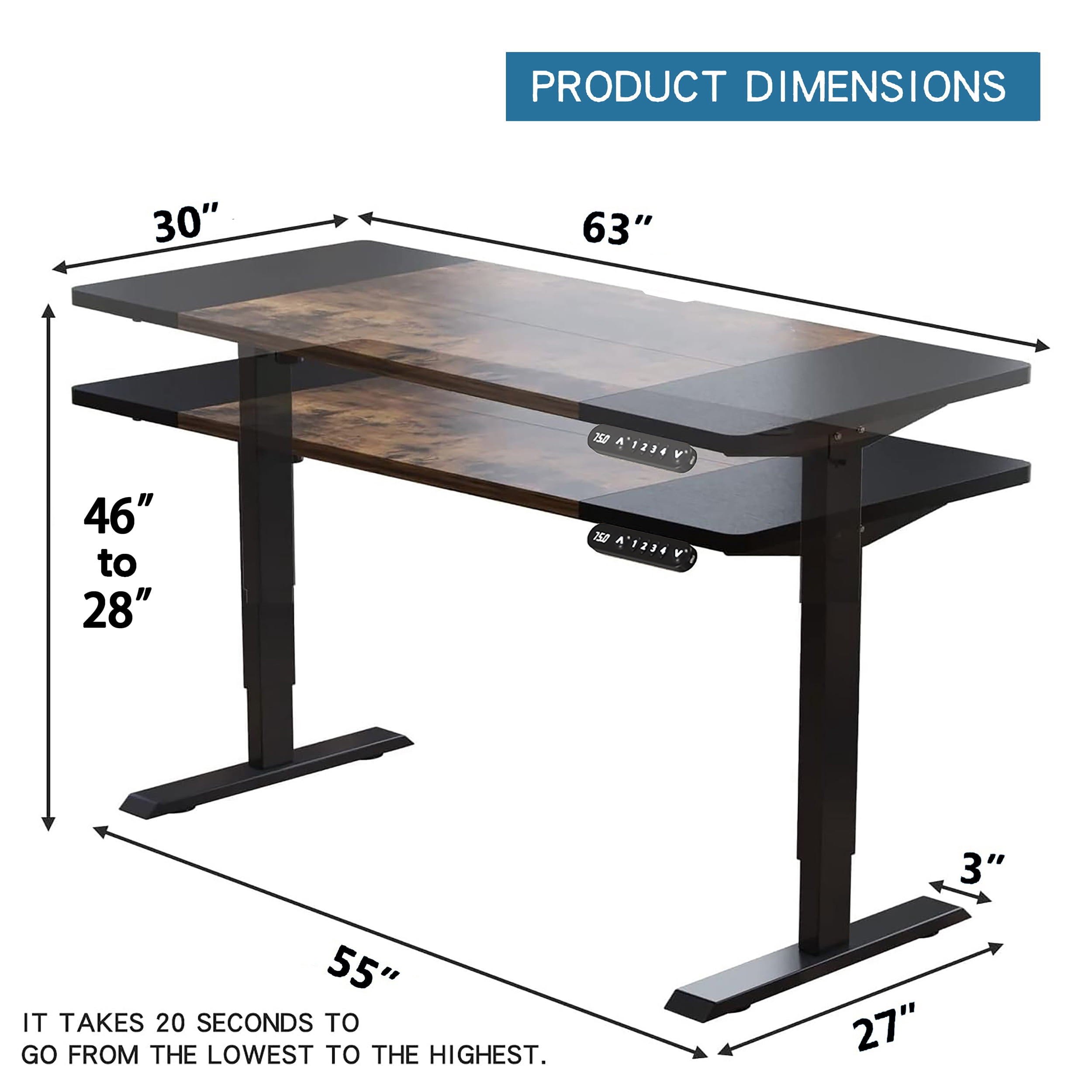 Electric Standing Desk 63x30 Inch, Height Adjustable Sit Stand Desk, Splice Board, 4 Memory Presets, Cable Basket, Side Hooks, Home Office Workstation, Rustic Brown