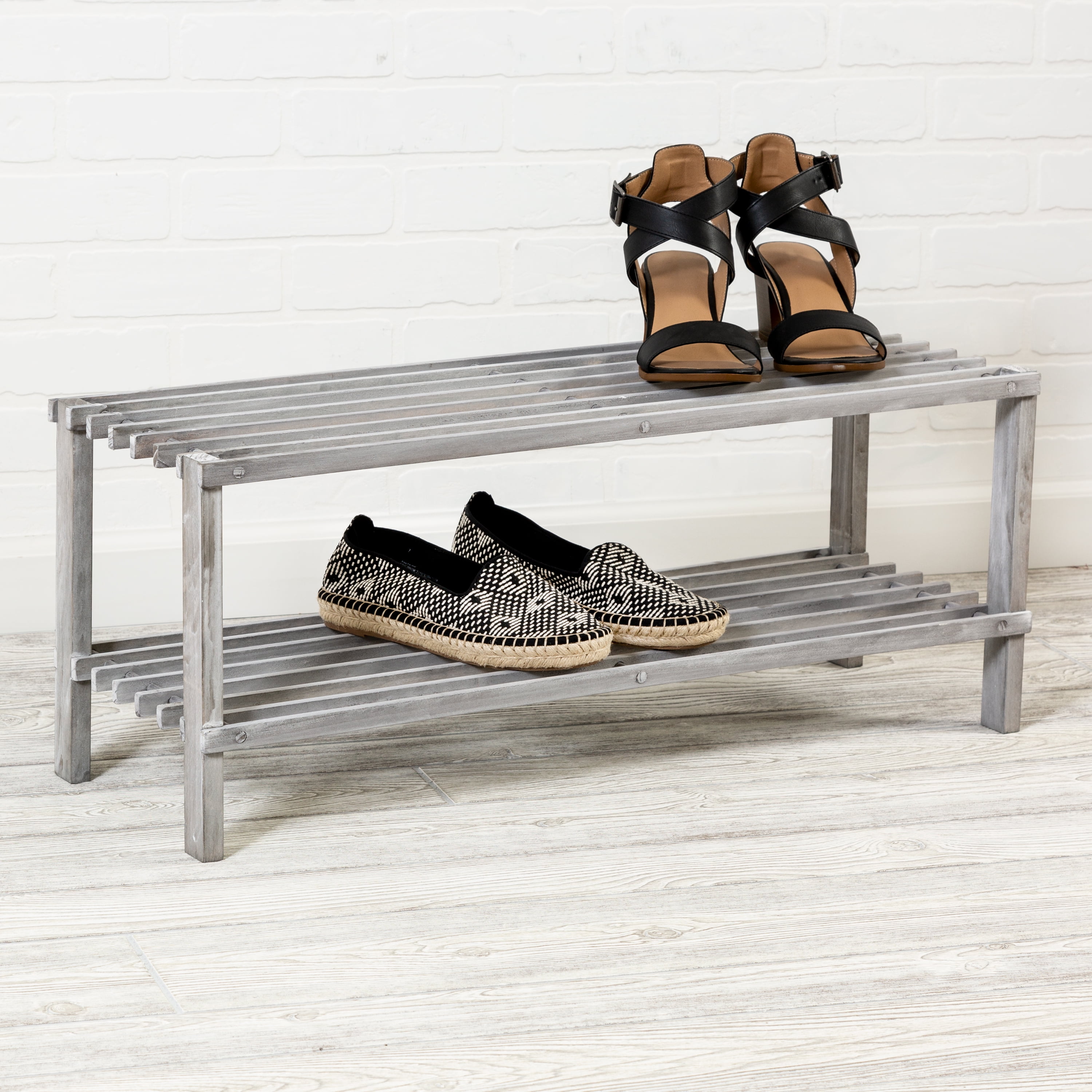 2 Tiered Shoe Rack, Vintage Metal Scrollwork and Burnt Wood Shoe