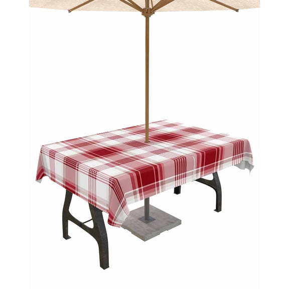 Fsddascl Red Checkered Outdoor Tablecloth - 60x102 Inch Rectangle Dining Table Cover, Red White Plaid Farmhouse Waterproof Outdoor Table Cloth with Umbrella Hole & Zipper for Picnic/Patio/Party