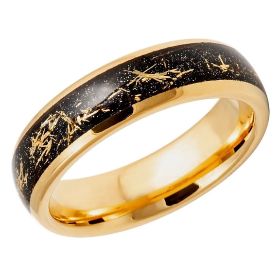 Men's Women's Tungsten Wedding Band Engagement Ring 6mm Meteorite Inlay Gold Plated Ring, SZ 5.5