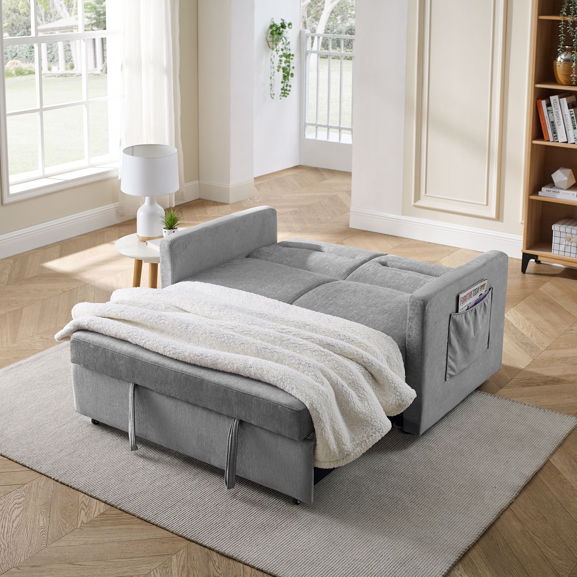 DEALTOPS Pull Out Sofa Bed, Convertible Loveseat Sleeper with Side Pockets, Gray