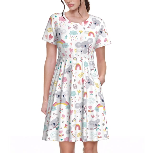 Easygdp Cute Koala para Vestido Transpirable de Mujer, Vestido Suelto de Manga Corta con Pliegues y Bolsillos para el Verano