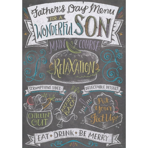 Designer Greetings Father's Day Menu: Chalk Drawn Burger, Corn and Ice Cream on Black Father's Day Card for Son
