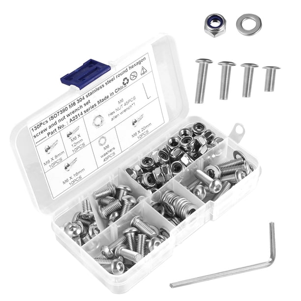 Kit surtido de tornillos y tuercas de cabeza redonda de acero inoxidable con rosca completa