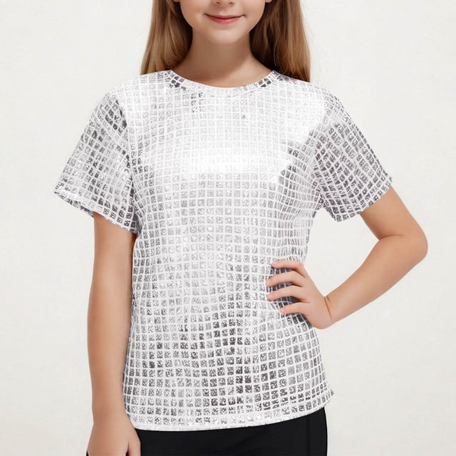 hengsof T-Shirt de Performance à Paillettes pour Enfants Col Rond Manches Courtes Élastique Haut de Fête
