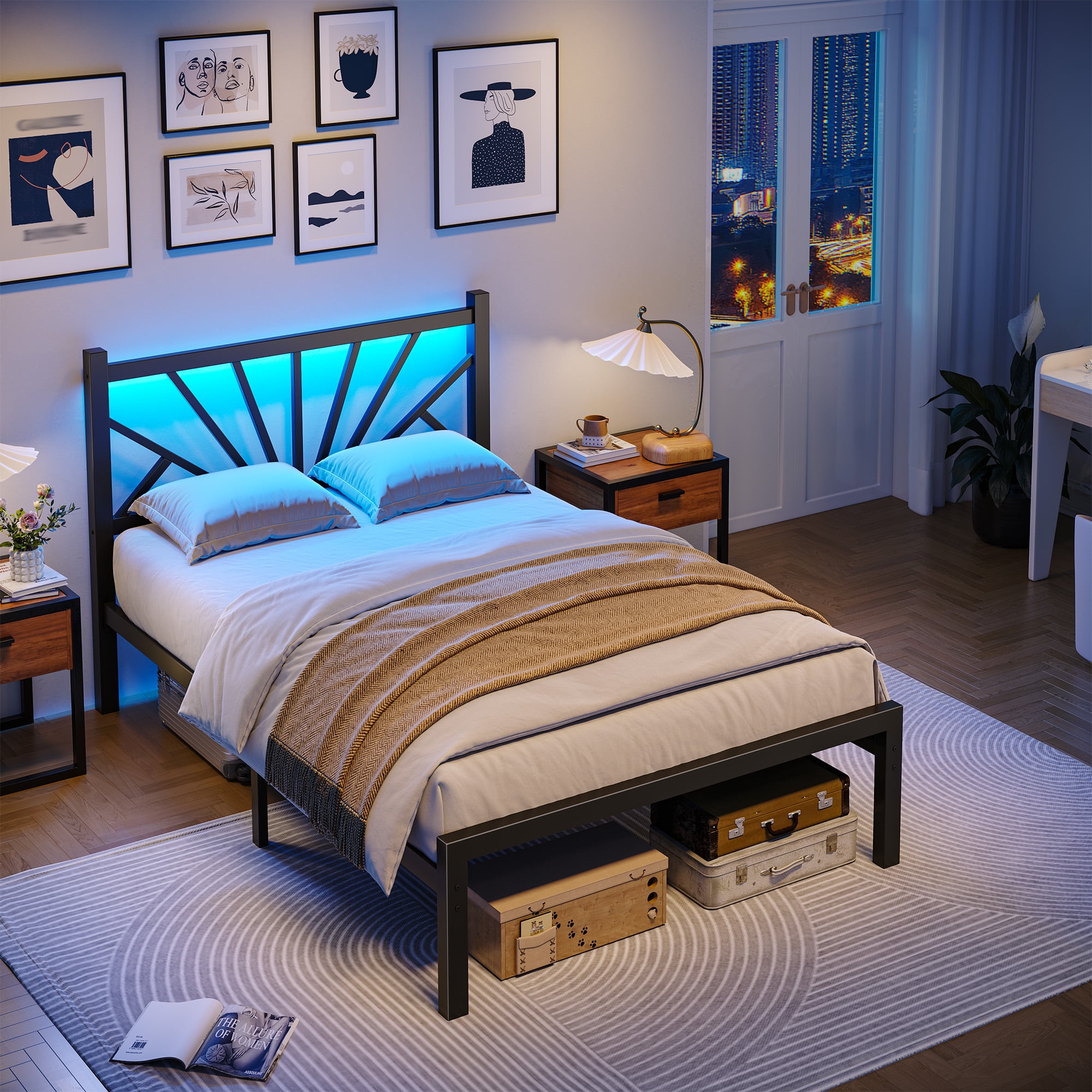 Twin Size Metal Bed Frame with Headboard Metal Platform Bed Frame with LED Lights Bed Frame Twin with Storage Underbed, Noise Free, No Box Spring, Black