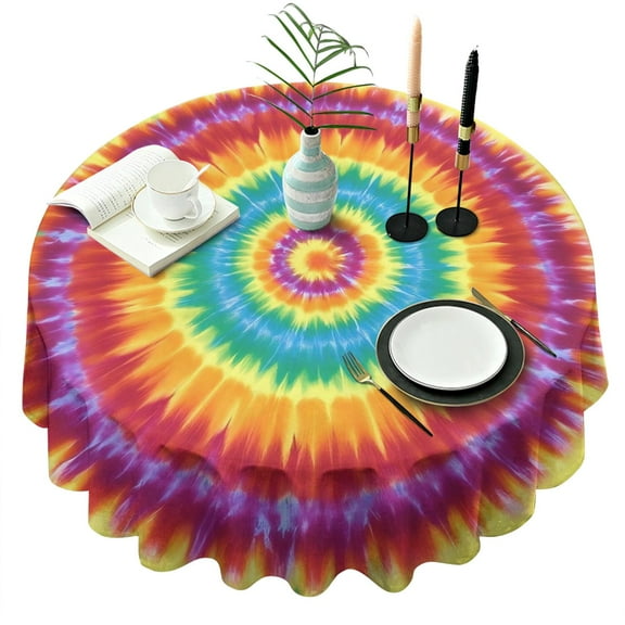 Colorful Rainbow Tie Dye Spiral Pattern Round Tablecloth 60"x60",Wrinkle Wipeable Table Cloth for Kitchen Dining Room Picnic Patio Party