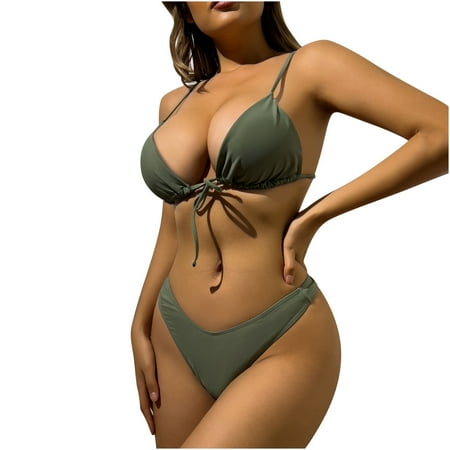 Women s Sexy Triangle Adjustable Straps Push-Up Padded Underwire Gathered High Waist Cheeky Brazilian Thong Bikini Swimsuit Two Piece Bathing Suits Army Green L