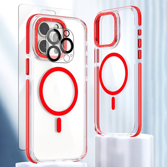 Allytech Magnetic Clear Case for Apple iPhone 13 Pro Max , With 1 Pcs Screen Protector & Camera Lens Protector Anti-Scratch Shockproof Bumper Anti-Yellow Phone Case, Red