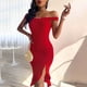 thumbnail image 4 of Vestido largo de moda para mujer, ajustado, liso, liso, con hombros descubiertos, volantes, borde dividido, tenedor Fridja  hjkh828, 4 of 7