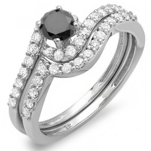 Dazzlingrock Collection 0.85 Carat (ctw) 18k Round Black & White Diamond Swirl Bridal Engagement Ring Set, White Gold, Size 8.5