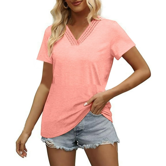 Women Eyelet Tshirts Vneck Patchwork Blouses Short Sleeve Basic Tees Tops Trendy Summer Outfits