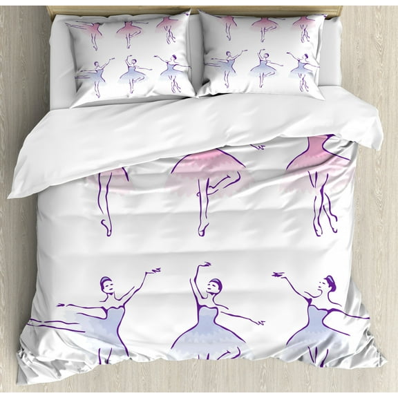 Ballet Duvet Cover Set King Size, Classical Dancer Women Performing Posing Watercolor Style Illustration, Decorative 3 Piece Bedding Set with 2 Pillow Shams, Pink Ceil Blue Purple, by Ambesonne