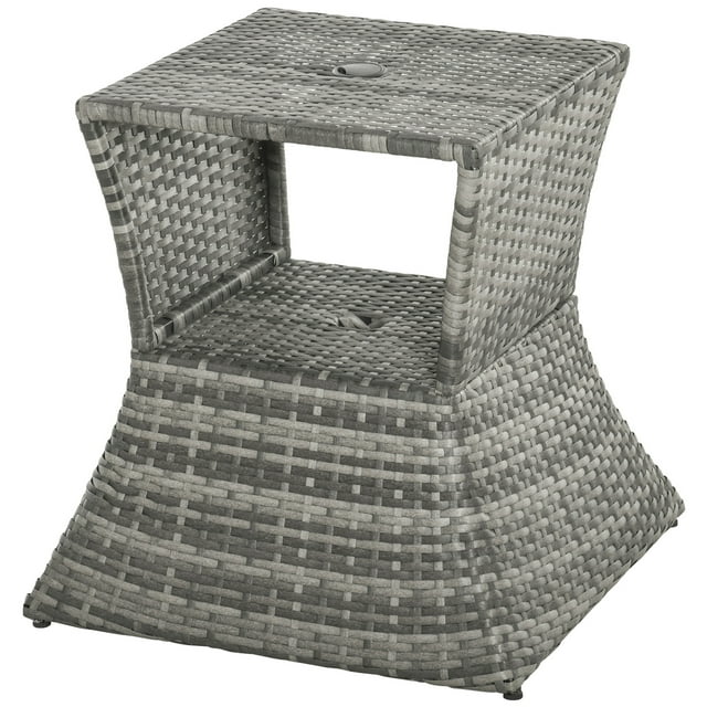 Outsunny 21.3" Mixed Grey Rattan Wicker Outdoor End Table with Umbrella Hole & 2-Tier Storage for Patio Garden Balcony, Weather-Resistant PE Wicker