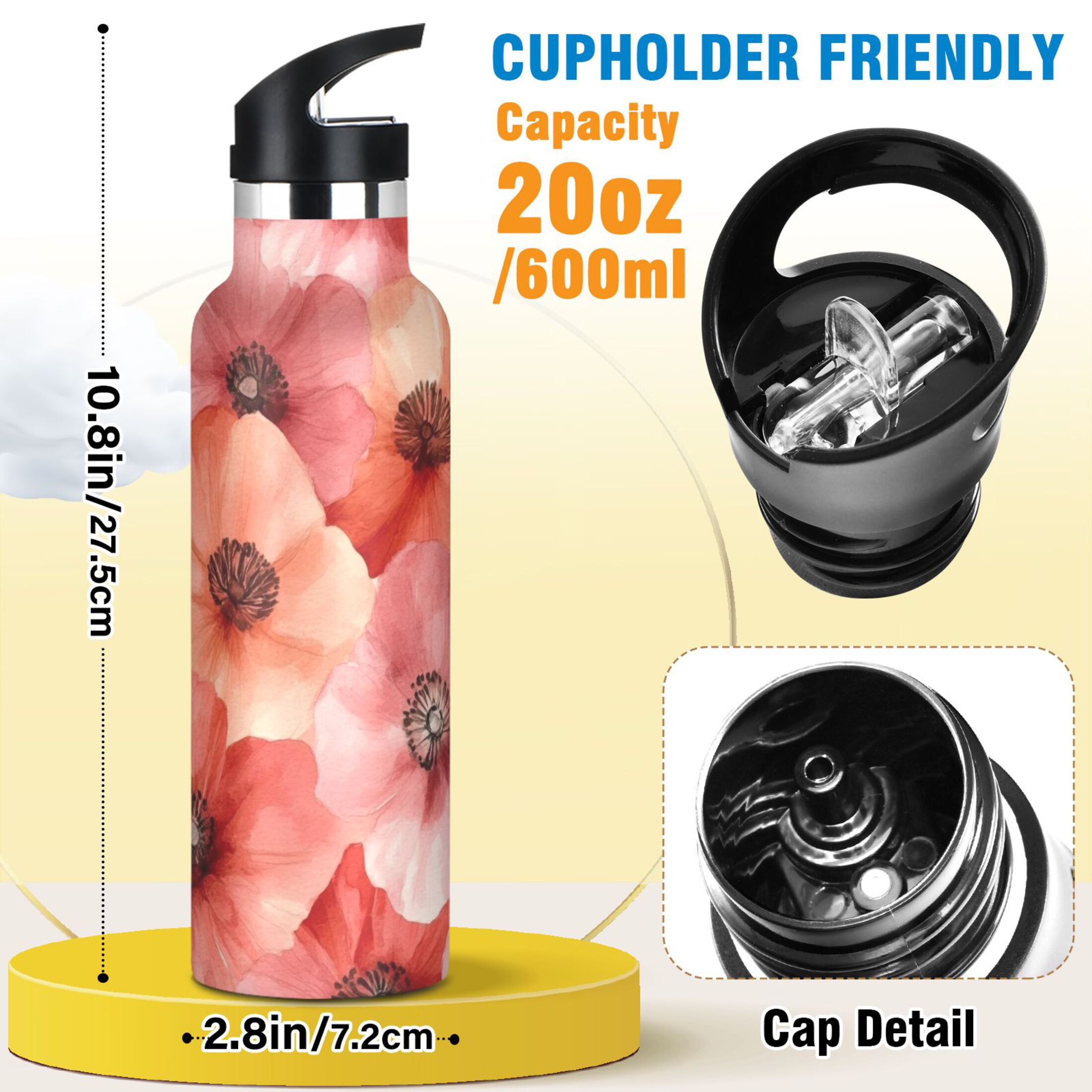 600ML Stainless Steel Insulated Cup Sports Water Bottle Portable Thermos Cup Water Glasses Insulated Tumblers Convenient and Durable Red Flower