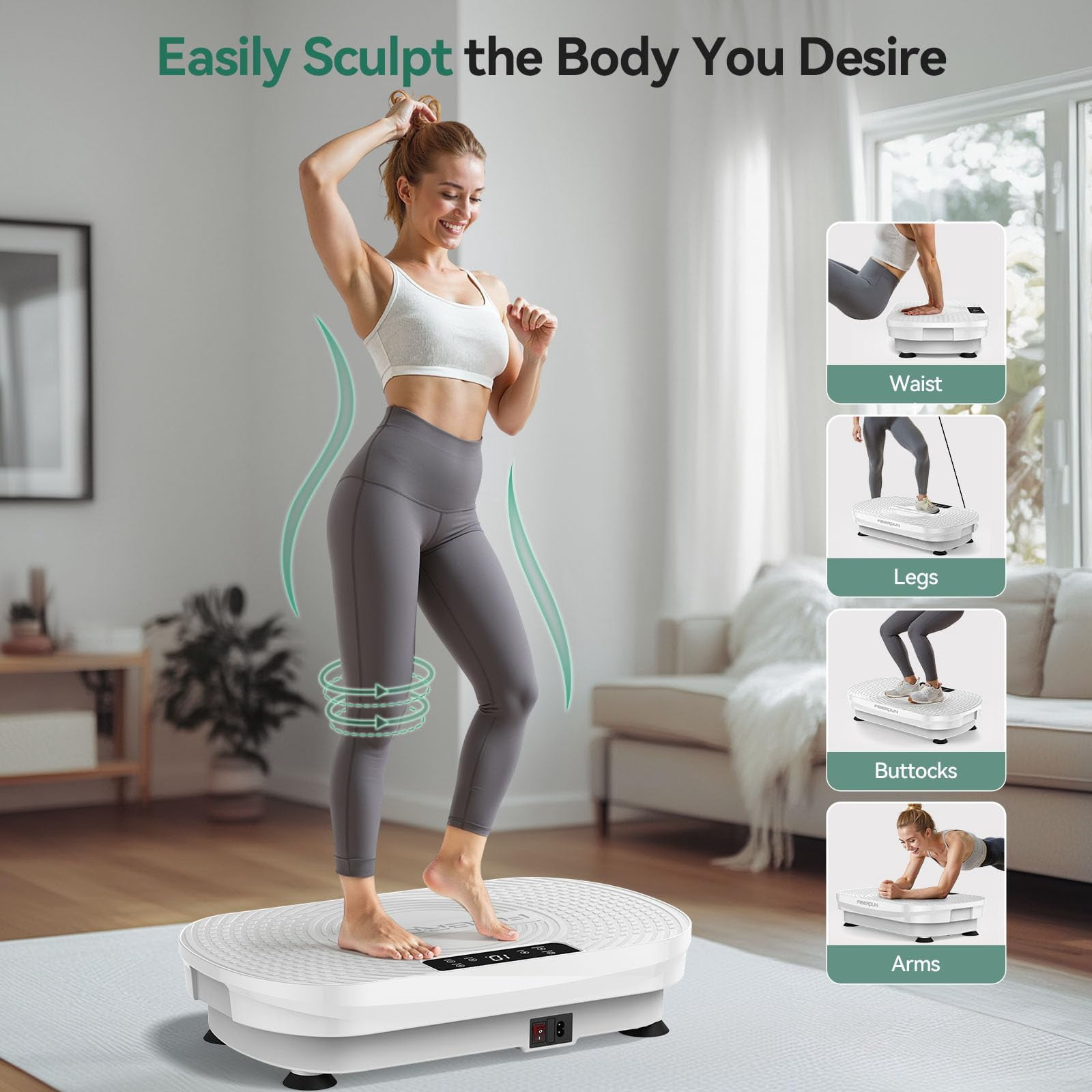 UPGO Vibration Plate Exercise Machine, Lymphatic Drainage Machine, Whole Body Workout Vibration Platform w/ 2 Resistance Bands for Weight Loss, Toning & Wellness-White