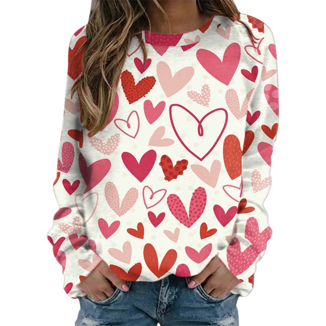 Gibobby Temperamento Pullover Top Sudaderas del día de San Valentín para mujer, sudadera con estampado de letras y corazón de amor, jerséis gráficos holgados con cuello redond(Blanco, L)