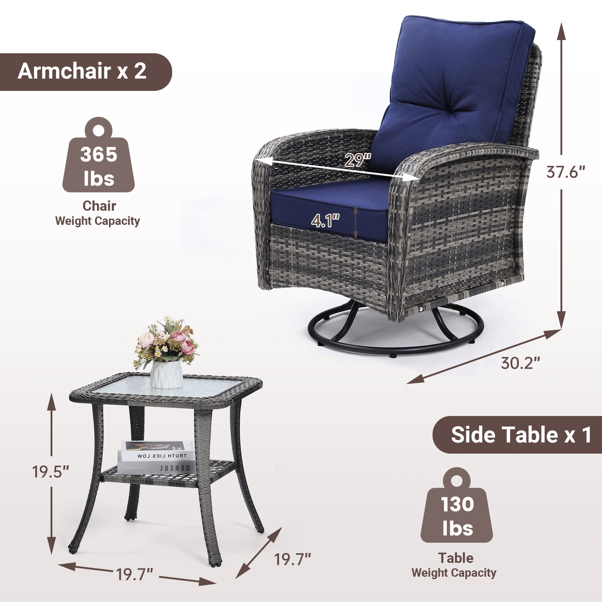 Melocadol Patio Wicker Glider Set, 2 Swivel Chairs with Matching Table, Comfy Washable Seat Cushions, Premium Outdoor Furniture for Garden, Balcony, Grey Rattan， Blue Cushion