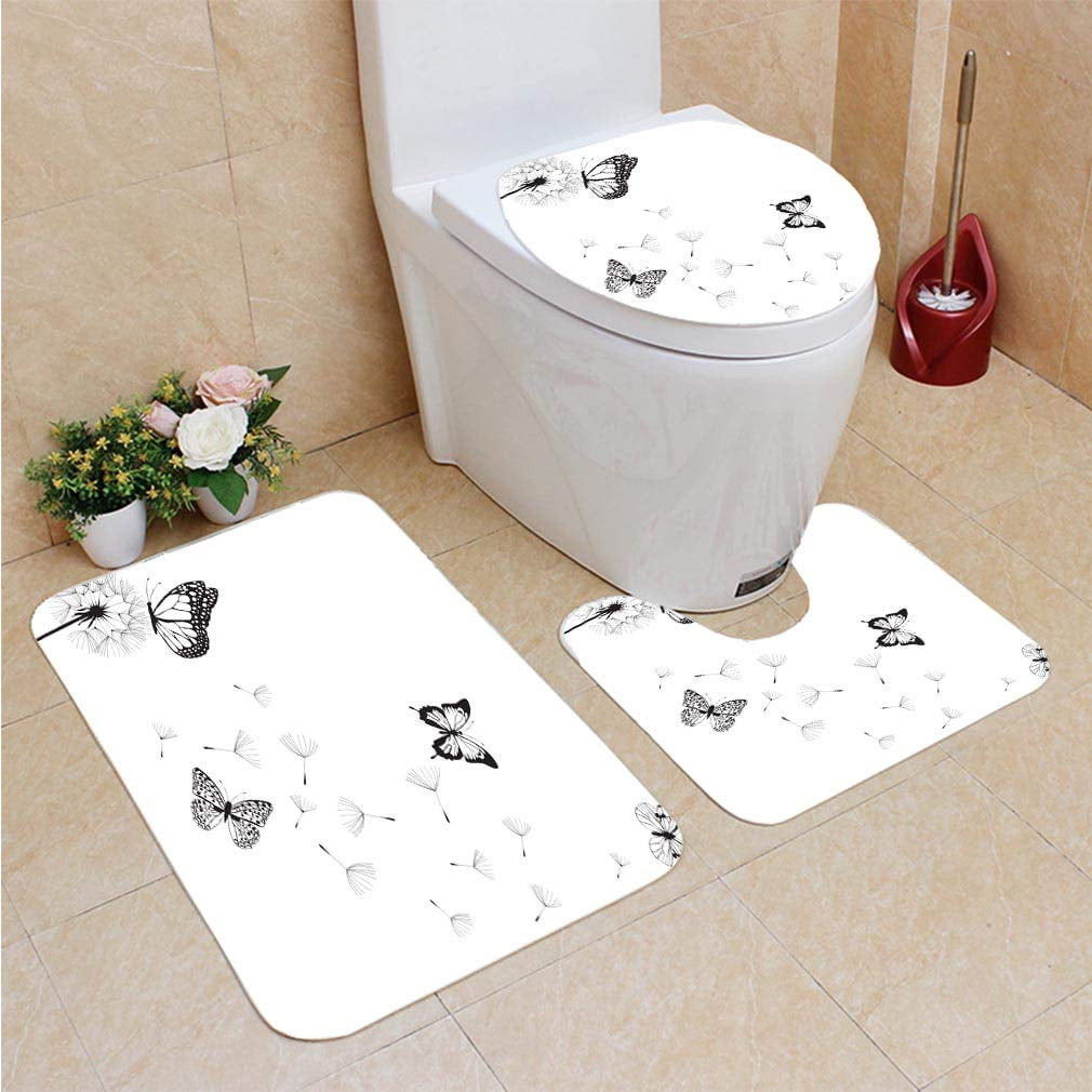 Butterfly Bathroom Rug Set Bath Mat Contour Rug Soft Non-Slip Toilet Lid Cover 