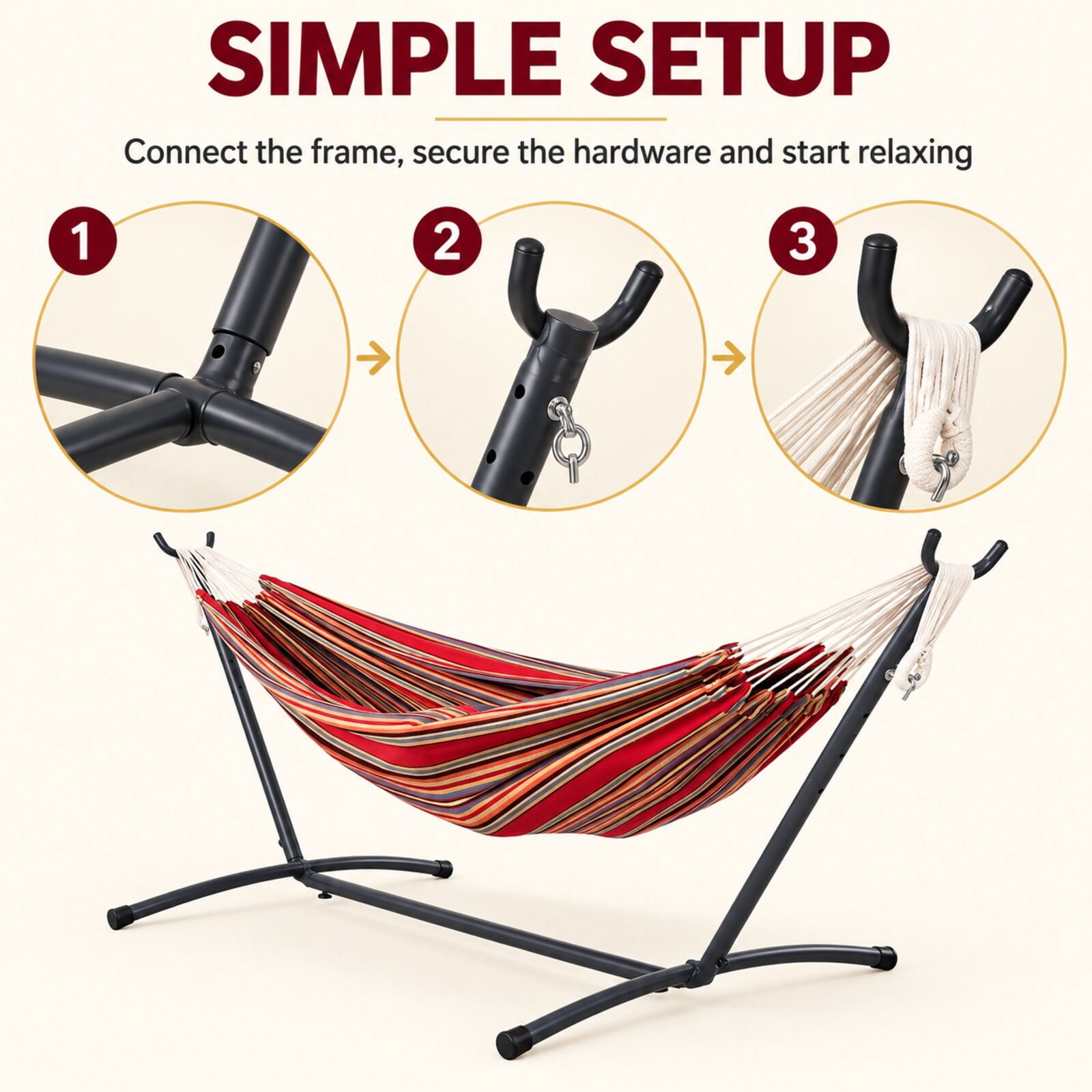 Inolait Portable Double Hammock with Stand, 2-Person Outdoor Hammock with Carrying Bag Stripe Pattern