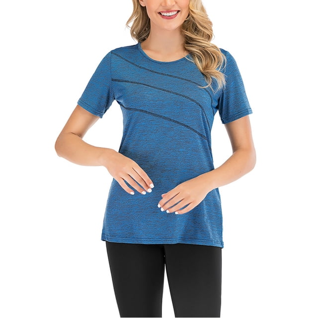 Innerwin Haut d'Entraînement Col Rond T-Shirt Femme Yoga Ourlet Évasé Séchage Rapide Tee Bleu Foncé TTG