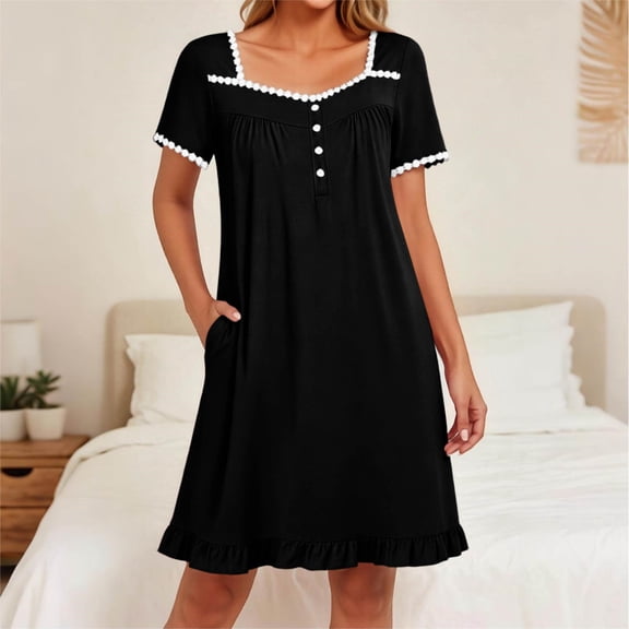 qolati Nightgowns for Women Lace Trim Sleep Shirts Short Sleeve Night Shirts Comfy Soft Night Gown Ruffled Hem A Line Flowy Sleep Dress With Pockets