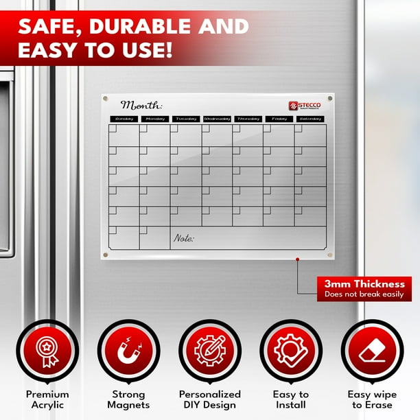 stecco-kitchen-magnetic-dry-erase-fridge-calendar-acrylic-dry-erase-monthly-calendar-acrylic-magnetic-calendar-for-fridge-family-calendar-nano-stickers-included-for-wall-mount-walmart-business-supplies