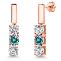 Gem Stone King 18K Rose Gold Plated Silver White Lab Grown Diamond and Blue Moissanite Drop Dangle Earrings for Women | 1.50 Cttw | Gemstone April Birthstone | Round 5MM