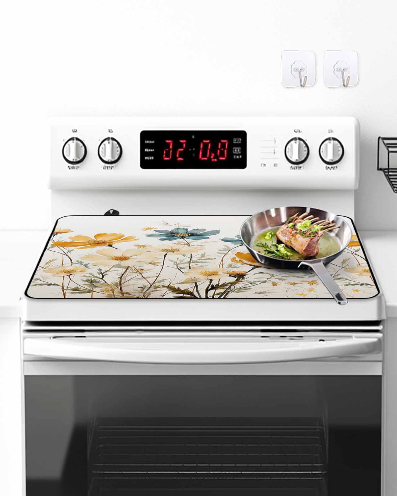 Stove Top Covers for Electric Stove, Yellow Blue Spring Floral Glass Stovetop Cover Protector, Watercolor Summer Botanical Induction Cooktop Protector Oven Mat for Kitchen Countertop 24"x21"