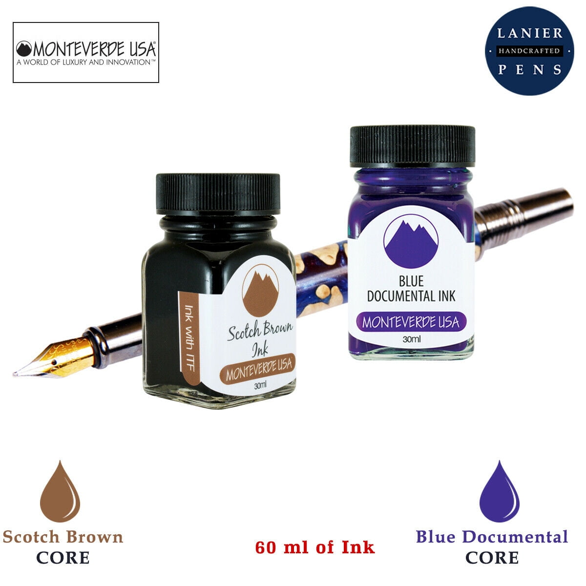 Monteverde 60ml Core Fountain Pen Ink Bottle (30ml Scotch Brown Ink Bottle G309SB, 30ml Blue Documental Ink Bottle G309DU)