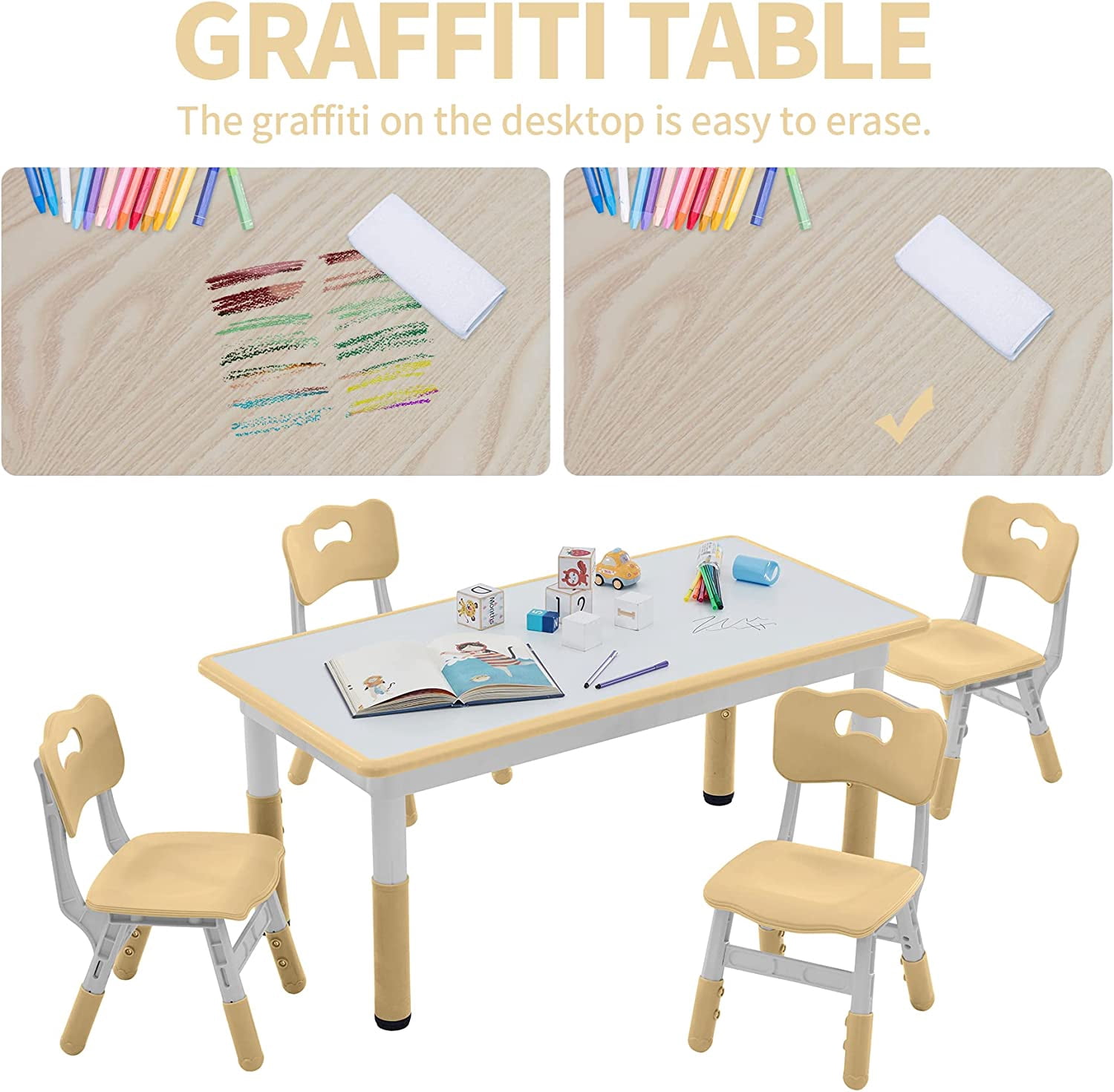 AINUO Toddler Table and Chairs Set for 4, 47.2"L x 23.6"W Height Adjustable Kids Activity Table with Graffiti Desktop, Study Play Table for Home Daycare Classroom
