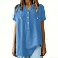thumbnail image 3 of Ohufall Cotton Linen Shirts for Women Casual Button V-Neck Pullover Shirts Short Sleeve Lightweight Solid Tops, 3 of 7